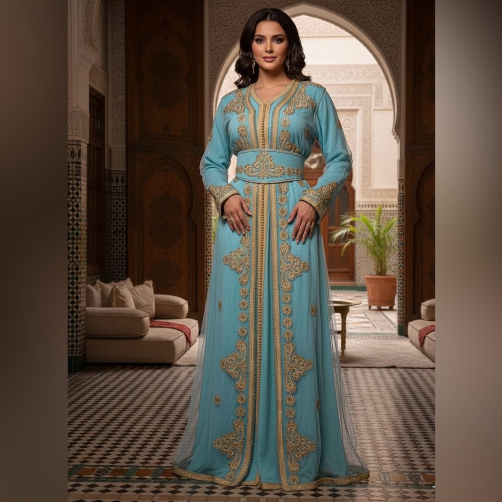Elegant Moroccan Takchita with Belt – Turquoise & Gold size L/XL